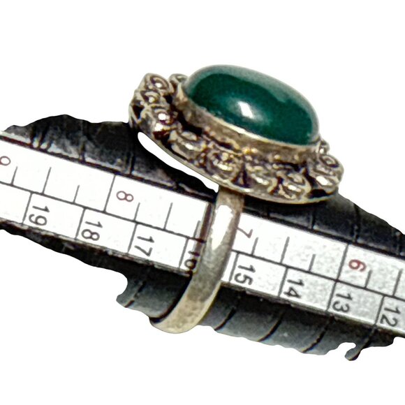 Sterling Silver Green Onyx Oval Ring Vintage Floral Boho Statement Jewelry - Picture 6 of 6